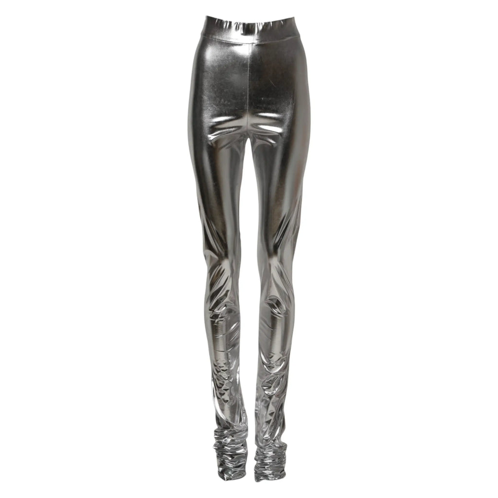Leggings slim fit dolce & gabbana en polyester argent métallisé à taille haute avec poignets froncés
