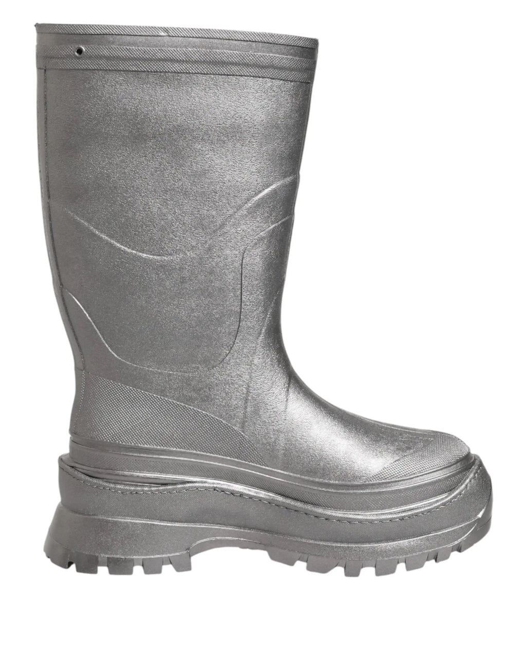 Bottes de pluie dolce & gabbana en caoutchouc métallisé argent avec semelle épaisse et couture renforcée sur la tige
