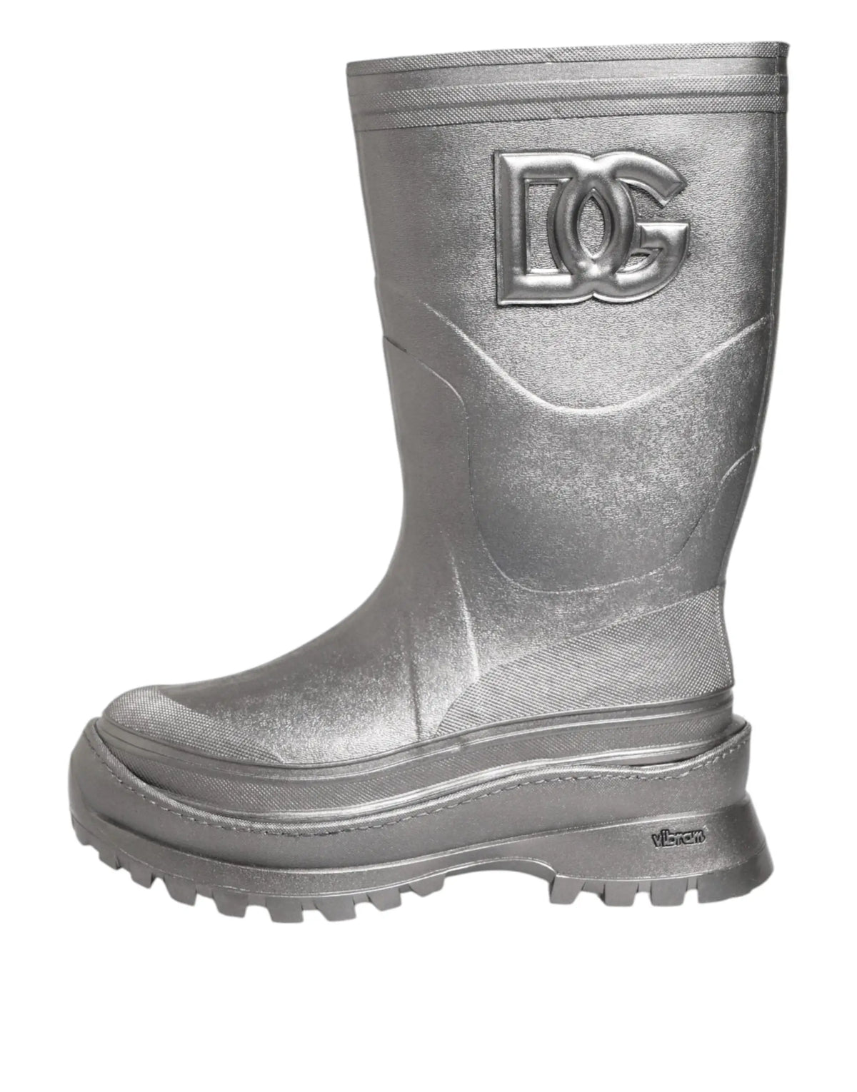 Bottes de pluie dolce & gabbana métalliques argentées avec logo dg audacieux et semelle épaisse texturée