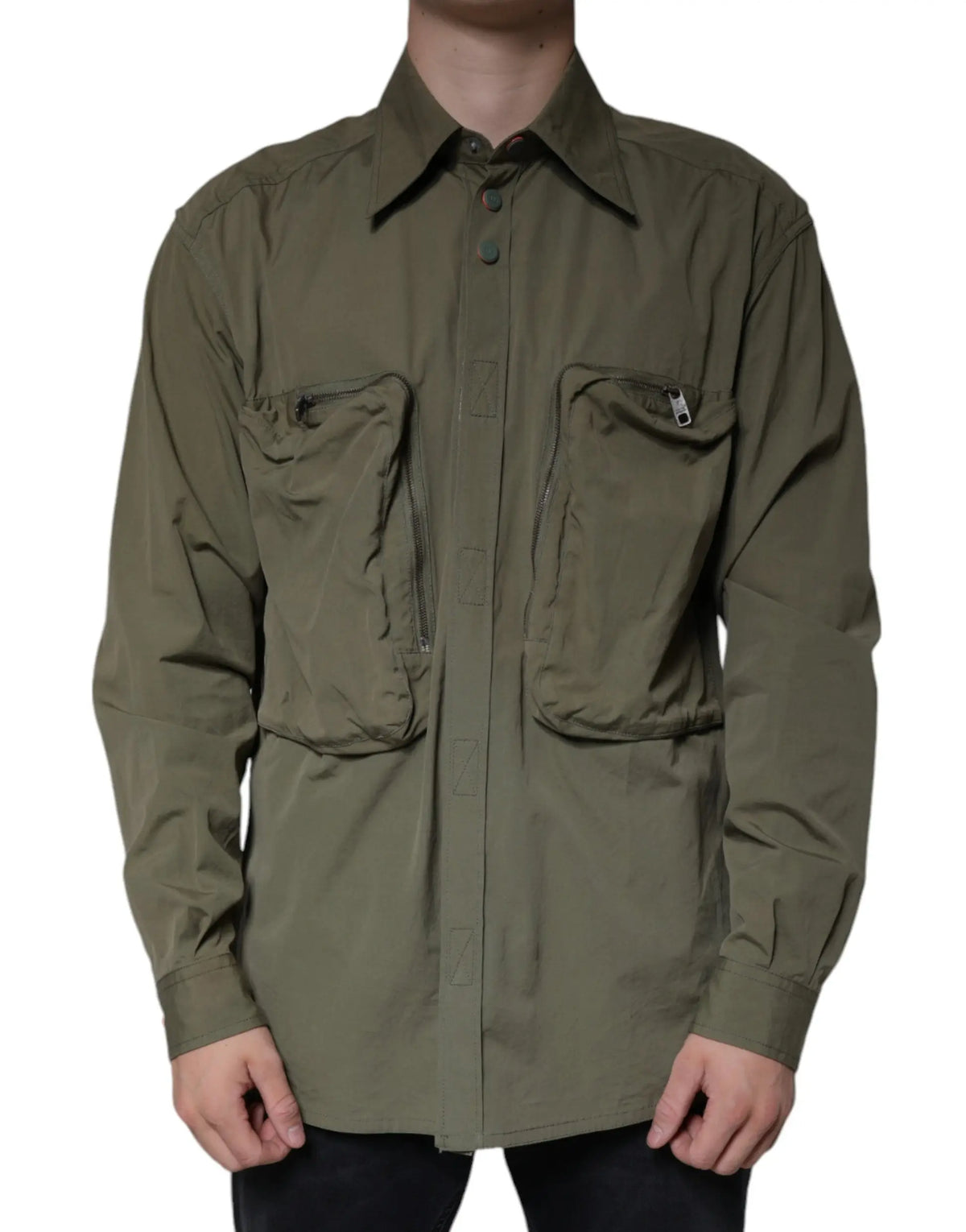 Chemise utilitaire olive verte dolce & gabbana en coton avec col boutonné et deux poches poitrine zippées