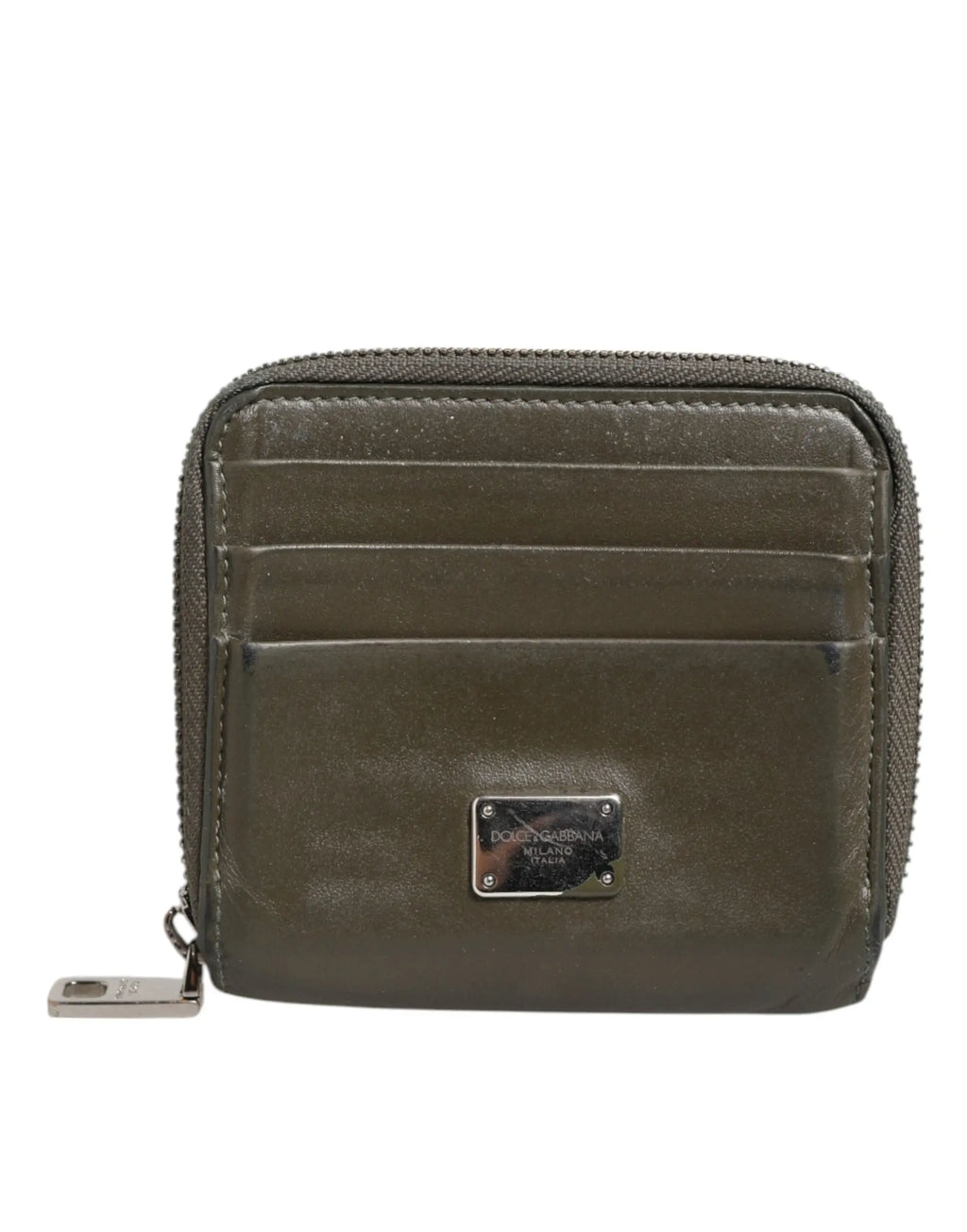 Portefeuille dolce & gabbana vert olive en cuir avec plaque métal argenté et multiples emplacements cartes