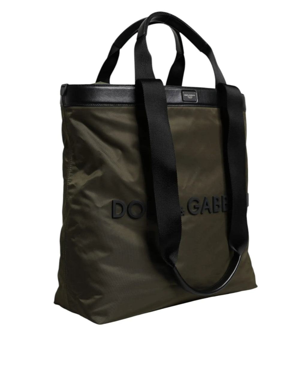 Sac fourre-tout en nylon vert olive dolce & gabbana avec garniture et poignées en cuir noir embossé