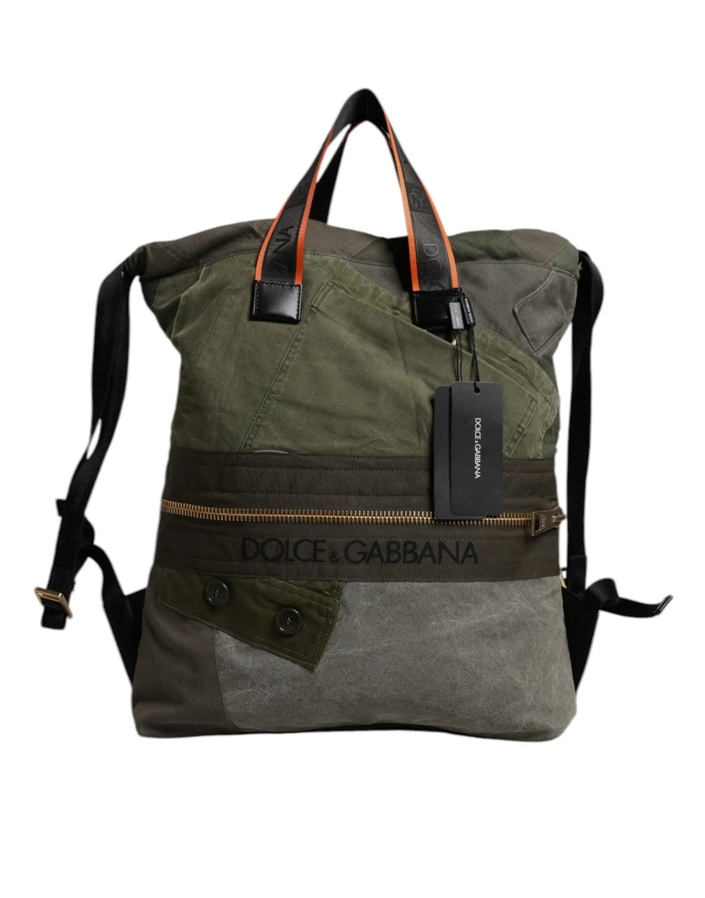 Dolce & gabbana sac à dos rucksack en toile patchwork kaki olive et gris avec accents cuir noir et poignées orange