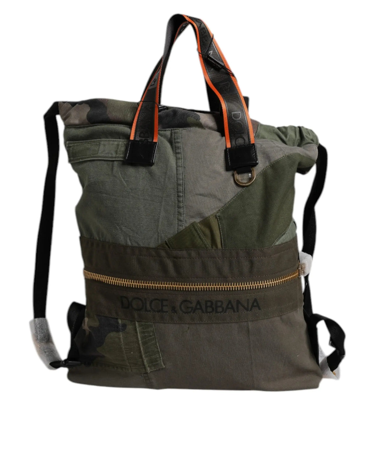 Sac à dos dolce & gabbana militaire vert patchwork en toile olive et camouflage avec anses noires et bordure orange