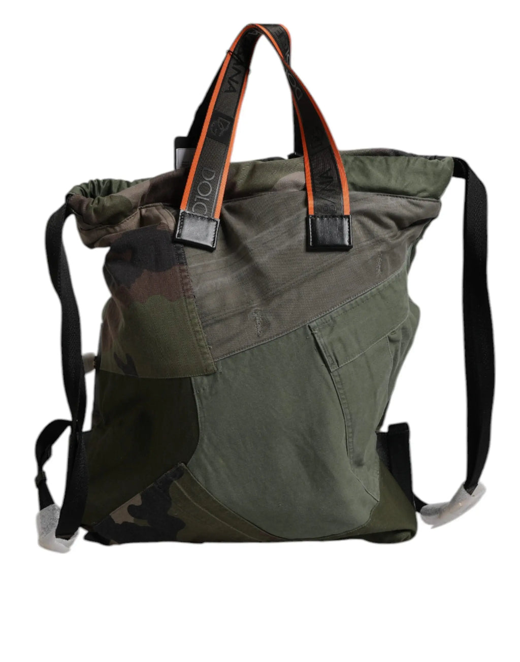 Sac tote patchwork en tissu camouflage vert olive et uni avec anses bordées orange dolce & gabbana