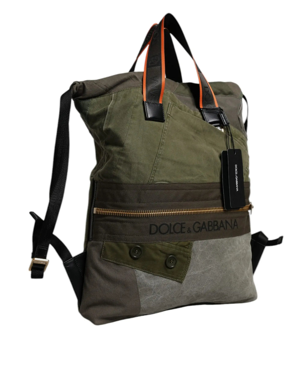 Sac à dos rucksack patchwork kaki militaire olive vert et gris avec accents en cuir noir et tirettes orange dolce & gabbana