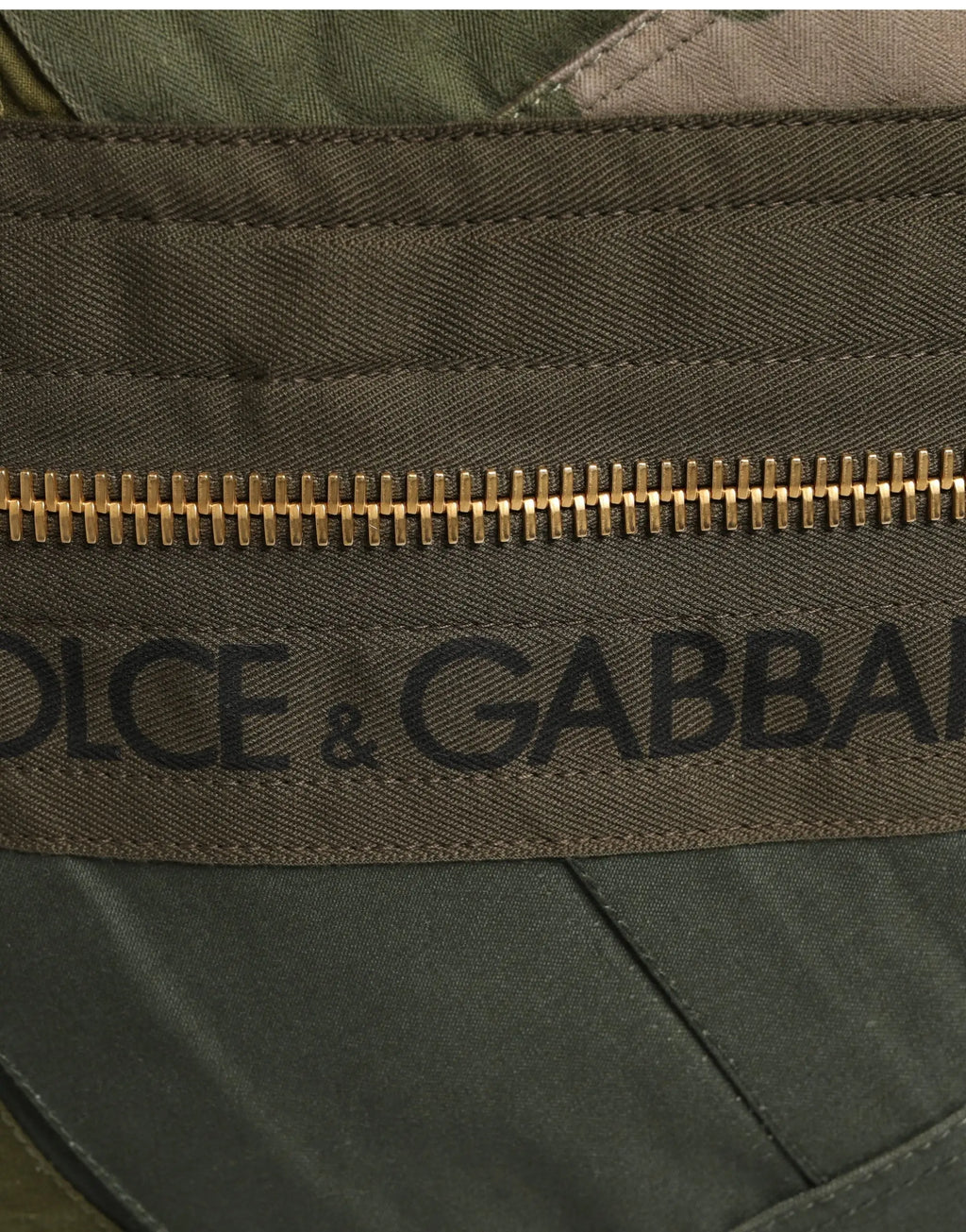 Olive green canvas belt with gold-tone zipper and black dolce & gabbana branding for military green patchwork backpack