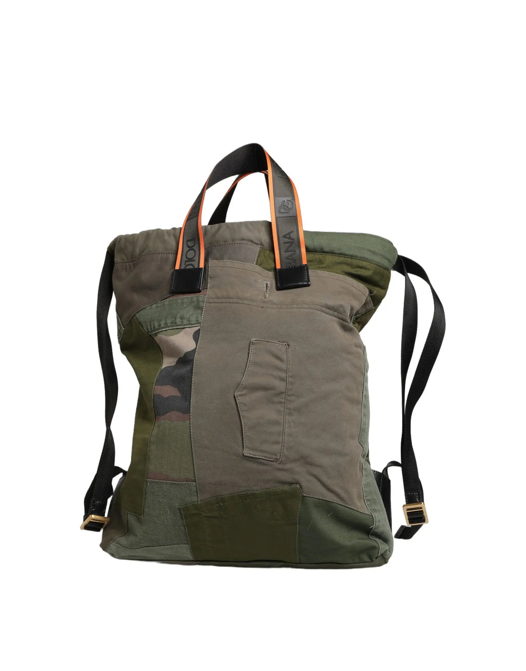 Sac tote en toile patchwork olive vert et camouflage avec anses orange et bretelles noires dolce gabbana hommes