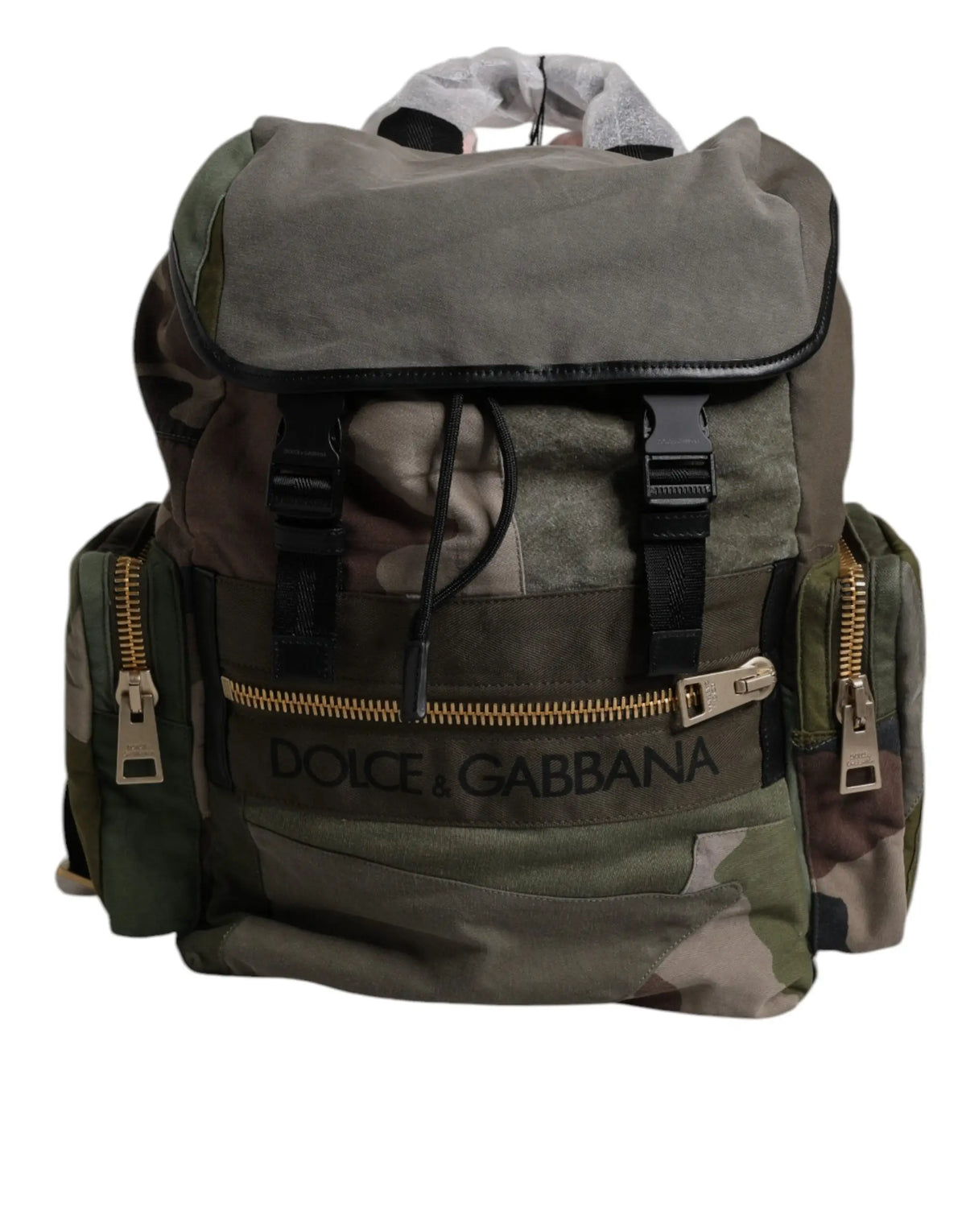 Sac à dos dolce & gabbana militaire vert camouflage avec bretelles noires et fermetures éclairs dorées