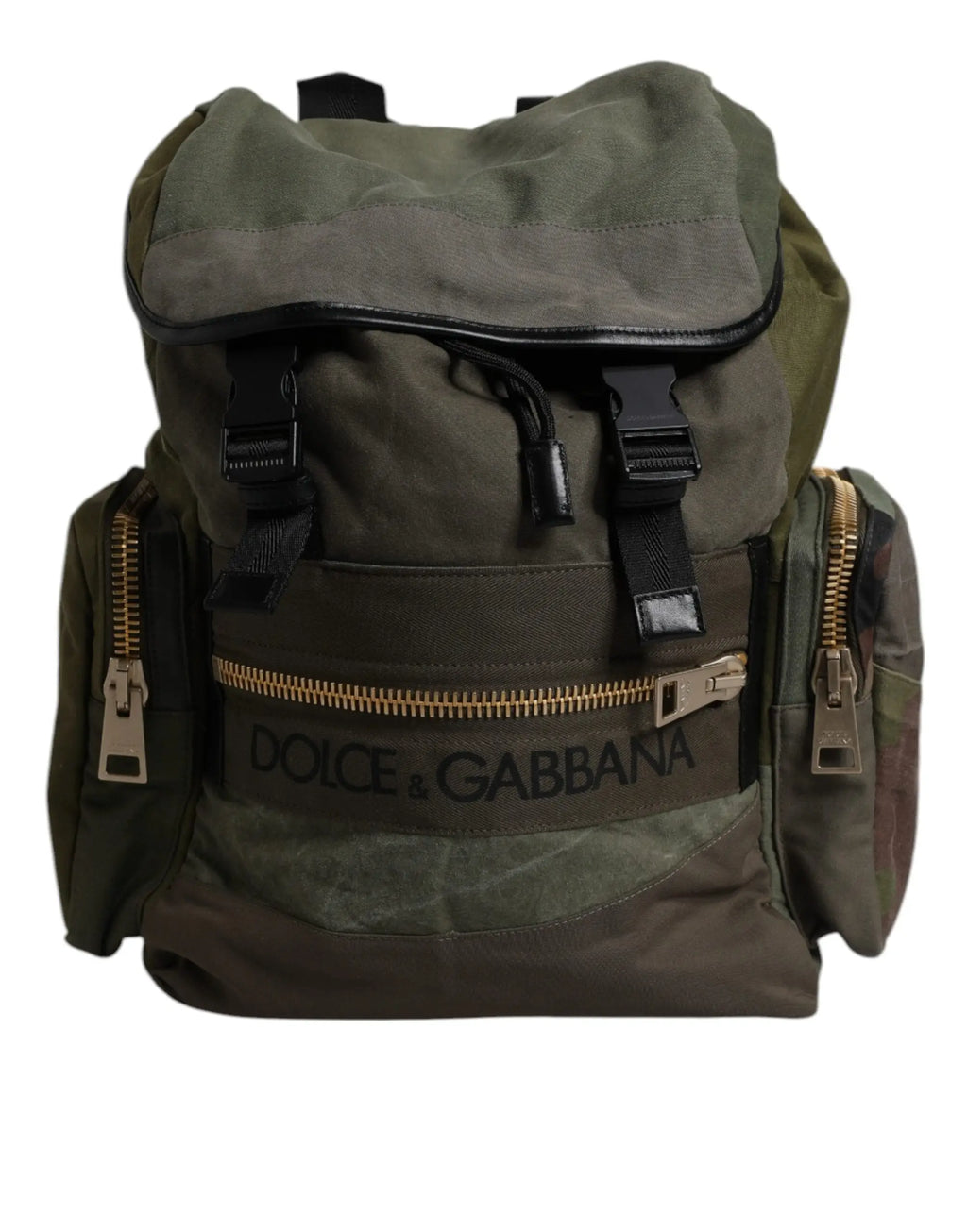 Sac à dos scolaire dolce & gabbana vert olive en toile avec garniture en cuir noir et fermetures éclair dorées
