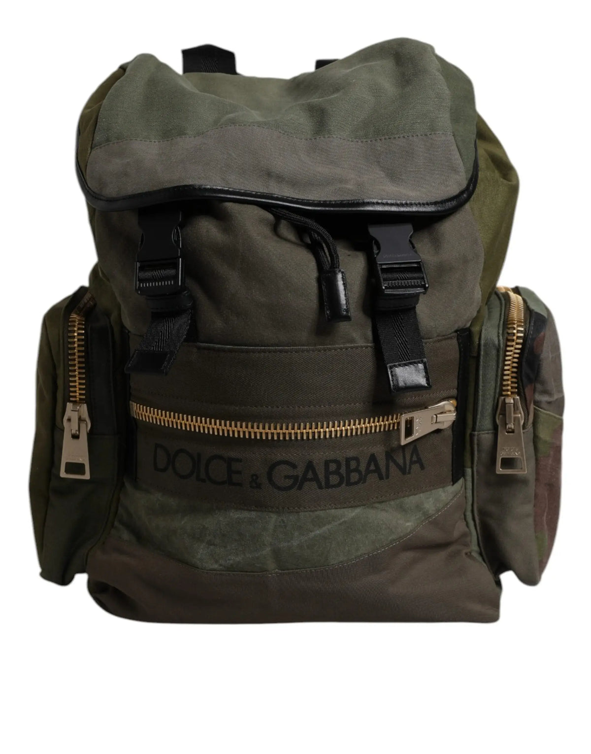 Sac à dos scolaire dolce & gabbana vert olive en toile avec garniture en cuir noir et fermetures éclair dorées