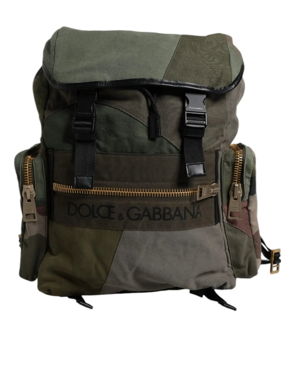 Sac à dos de voyage dolce & gabbana en toile patchwork vert olive et kaki avec bordure cuir noir et fermetures éclair dorées