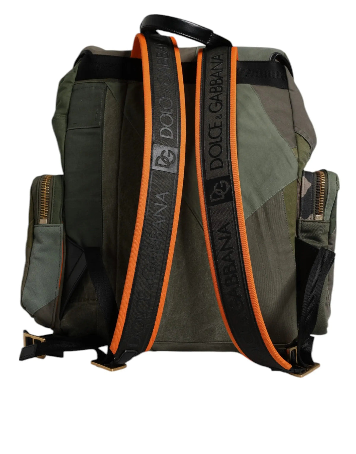 Sac à dos de voyage patchwork militaire dolce & gabbana vert olive avec sangles noires et orange à logo