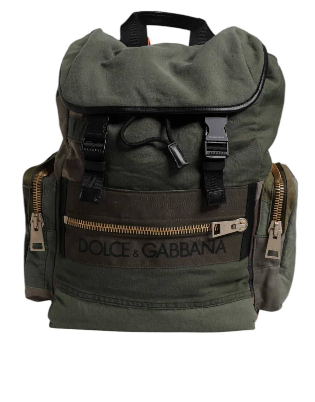 Sac à dos de voyage dolce & gabbana militaire vert olive en toile avec bordure noire et fermetures éclair dorées