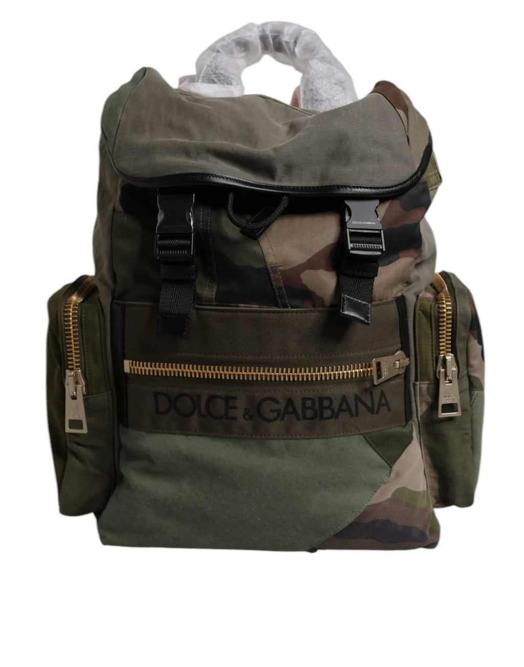 Sac à dos dolce & gabbana militaire vert olive avec motif camouflage, bretelles noires et fermetures éclair dorées