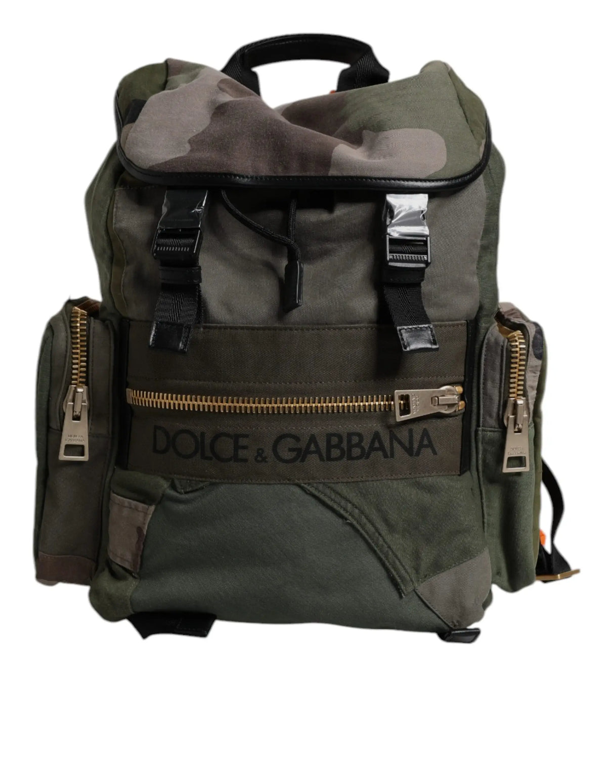 Sac à dos dolce & gabbana militaire vert olive avec motif camouflage, bretelles noires et fermetures éclair dorées
