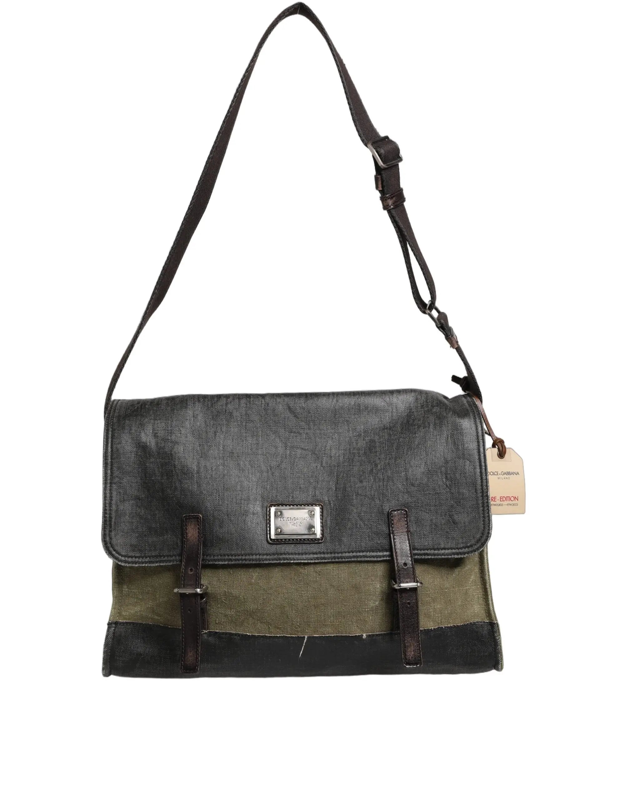 Sac messager en toile noire et vert olive dolce gabbana avec sangles et boucles en cuir brun foncé