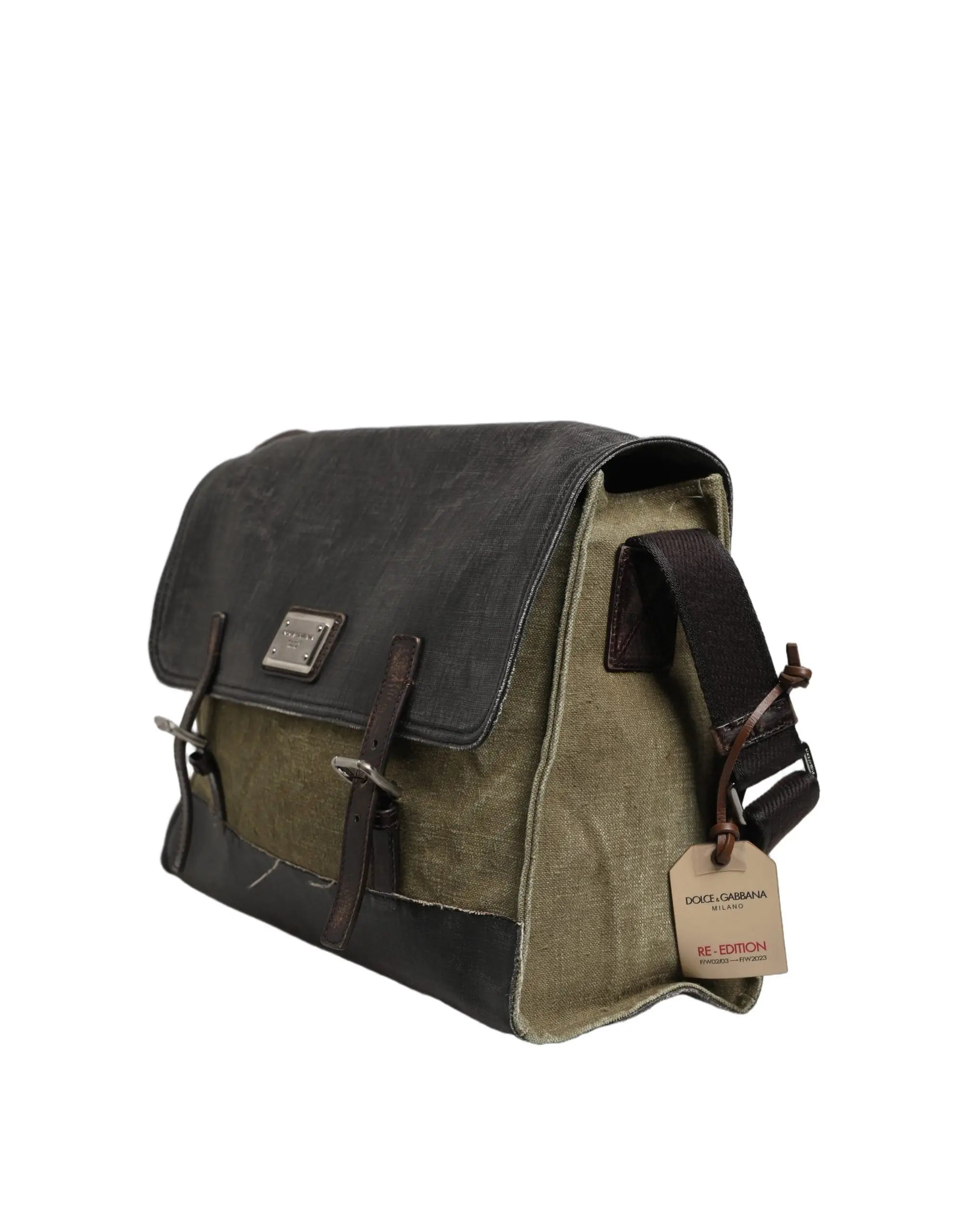 Sac bandoulière reédition dolce & gabbana en toile vert militaire avec accents en cuir noir et plaque métallique