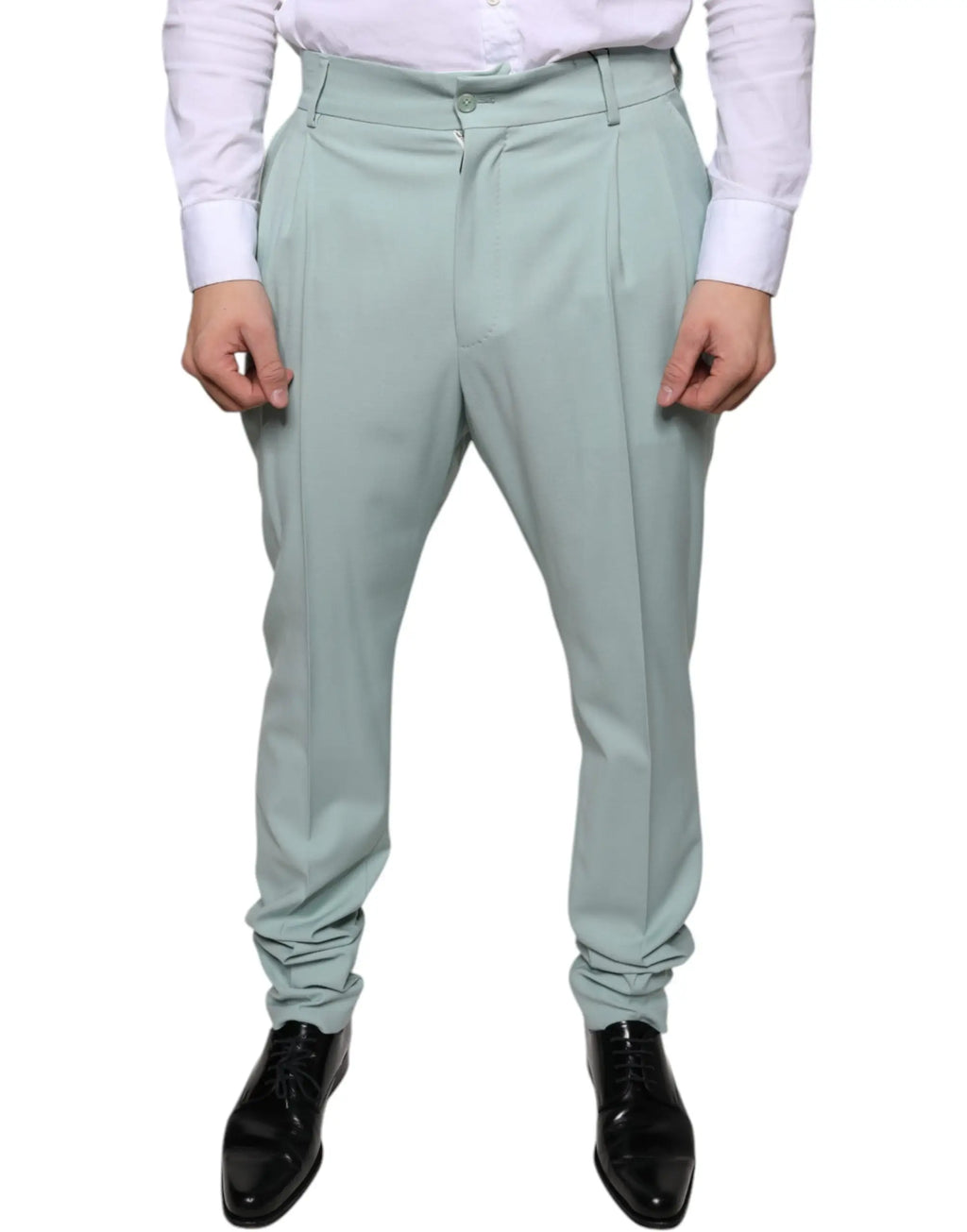 Pantalon de costume en coton menthe dolce gabbana vert clair avec plis, coupe ajustée et ourlets reversés
