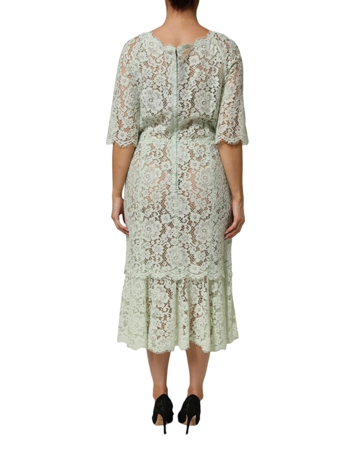 Robe midi en dentelle florale vert menthe délicate dolce & gabbana avec manches trois quarts et ourlet évasé