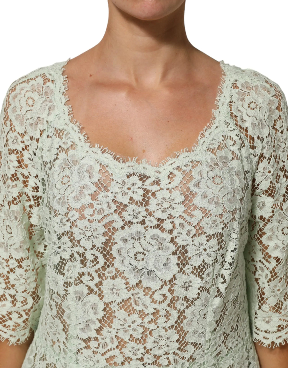Dolce & gabbana robe midi vert menthe avec dentelle florale et top en dentelle ivoire délicate à manches trois-quarts