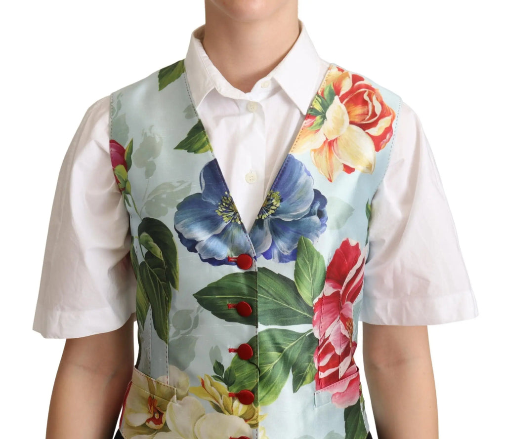 Vestiaire en soie mint green de Dolce & Gabbana avec imprimé floral bleu clair, fleurs rouges et boutons rouges contrastants