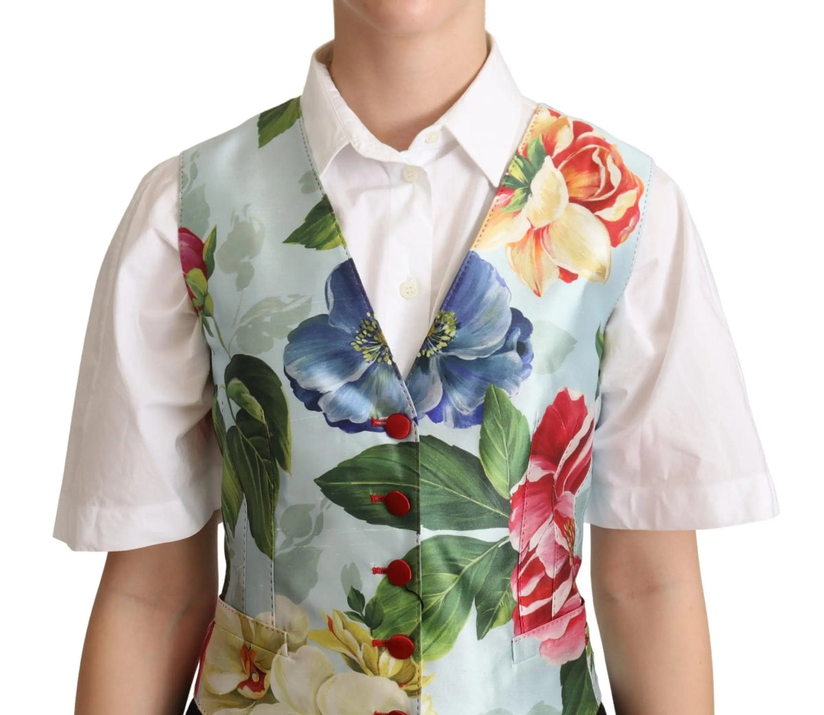 Vestiaire en soie mint green de Dolce & Gabbana avec imprimé floral bleu clair, fleurs rouges et boutons rouges contrastants