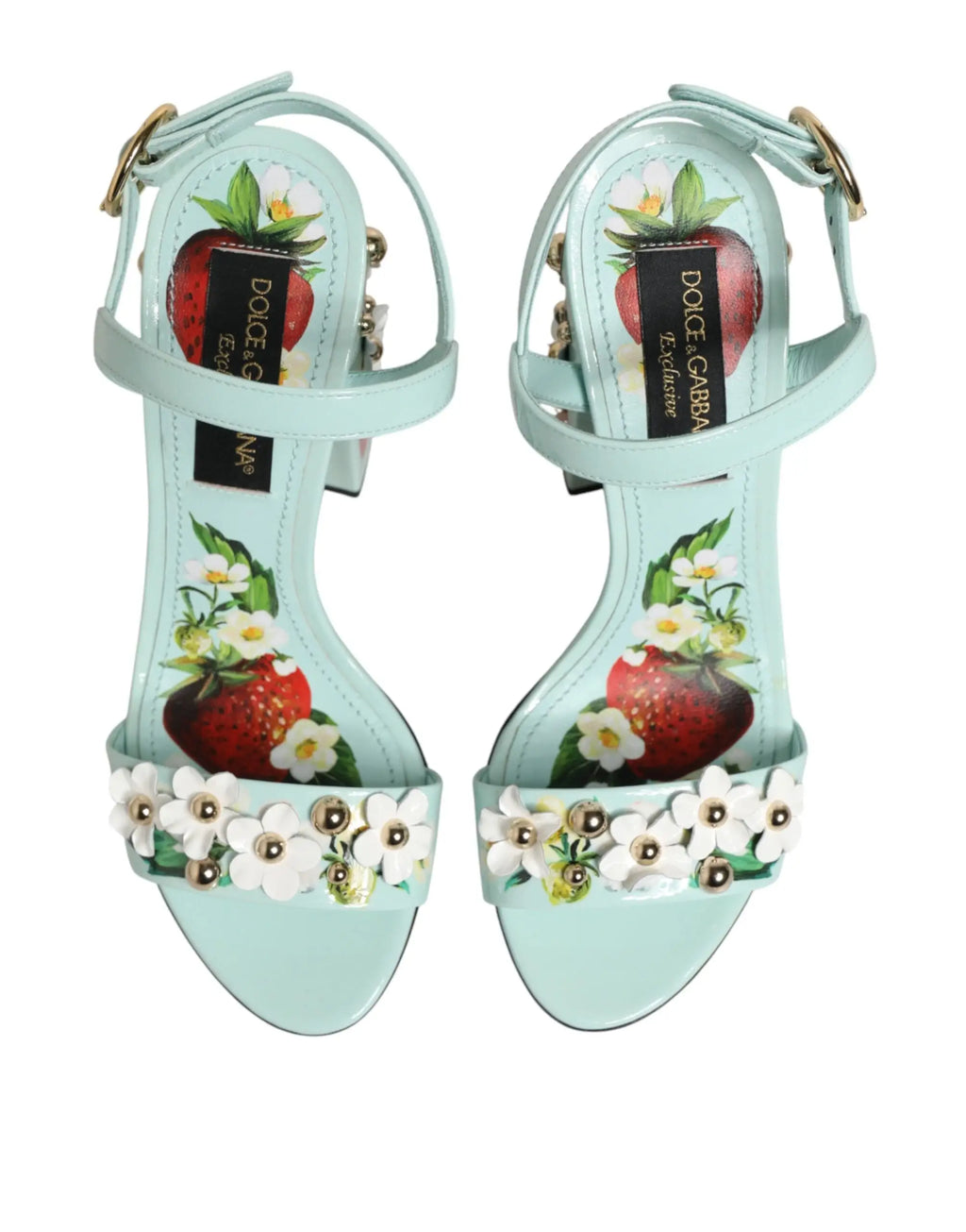 Sandales dolce & gabbana mint green en cuir avec design fraise et fleurs blanches embellies