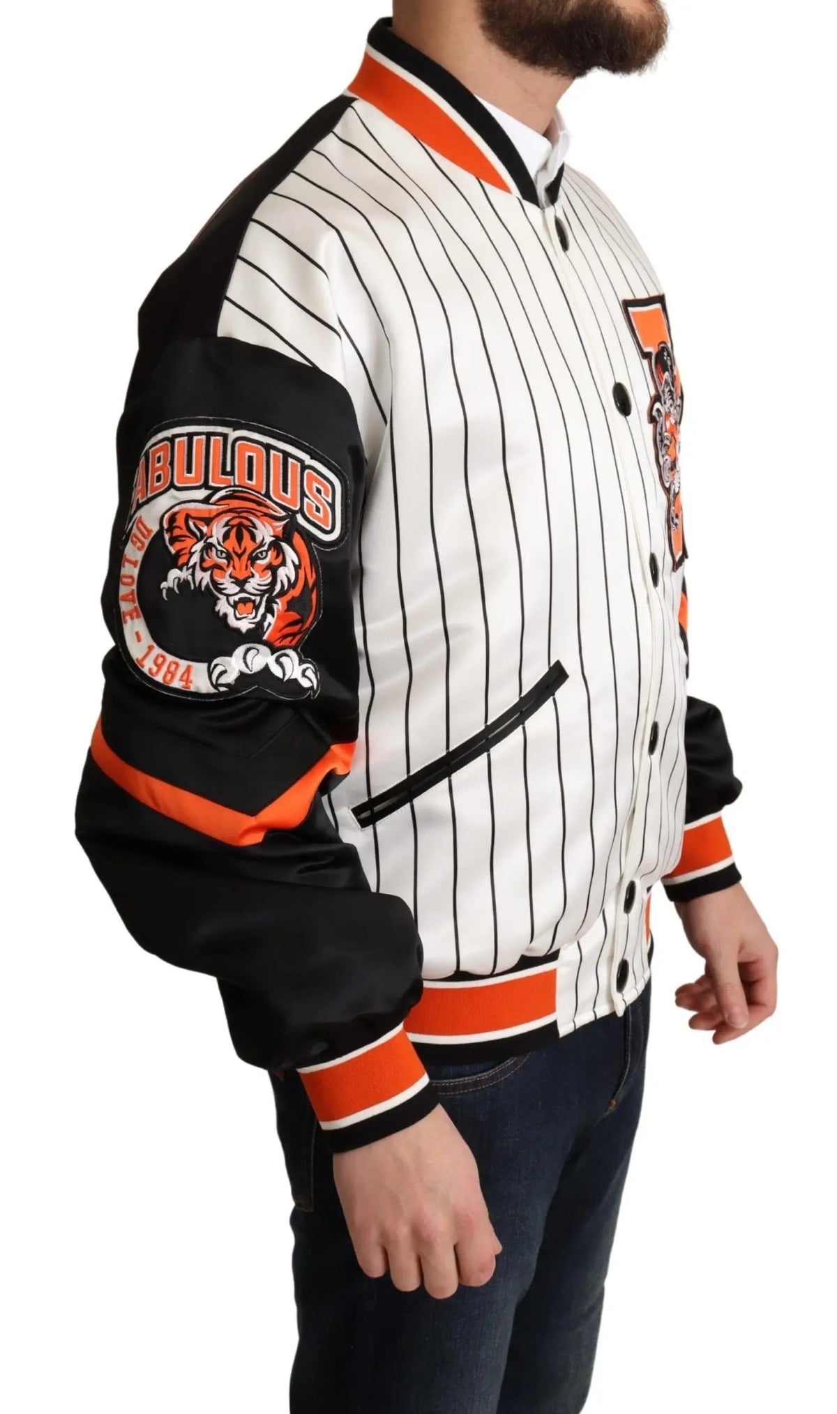 Veste bomber dolce & gabbana multicolore à rayures blanches et noires avec détails orange et patch tigre sur la manche