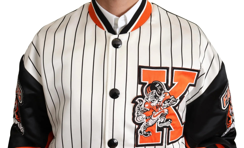 Veste bomber dolce & gabbana multicolore à rayures blanches et noires avec détails orange et logo mascotte brodé
