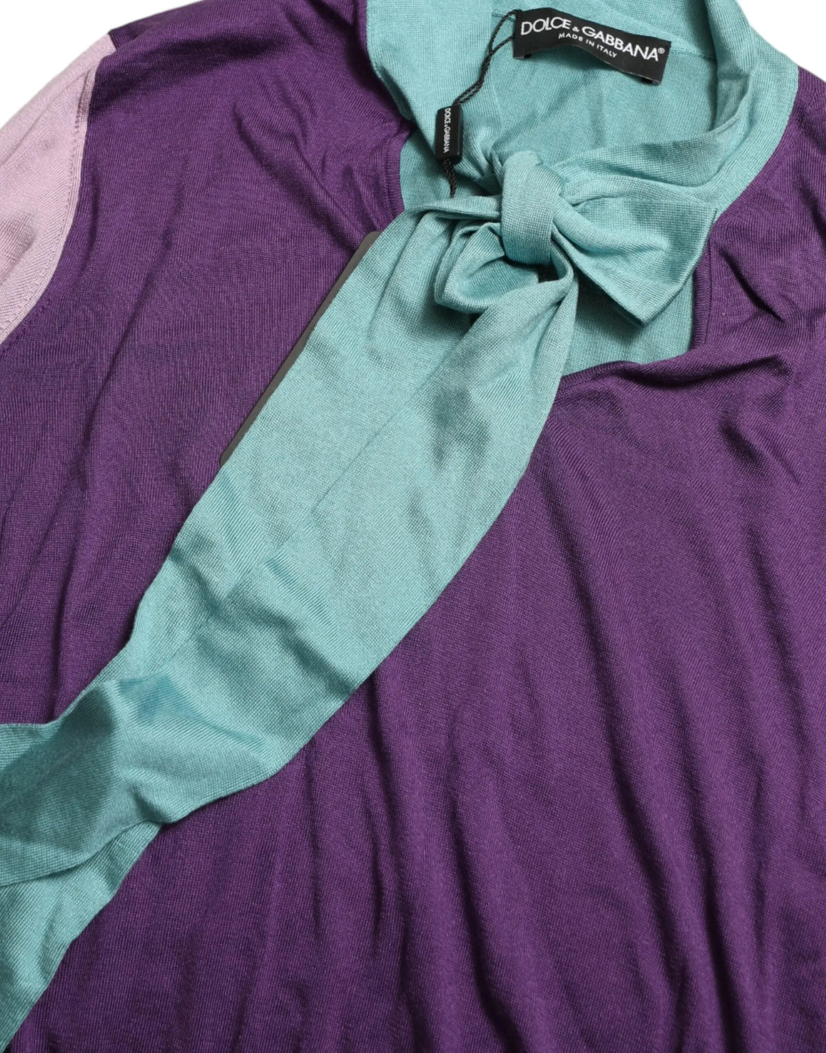 Dolce & gabbana pull multicolore en maille violet et teal avec col noué pour un look élégant