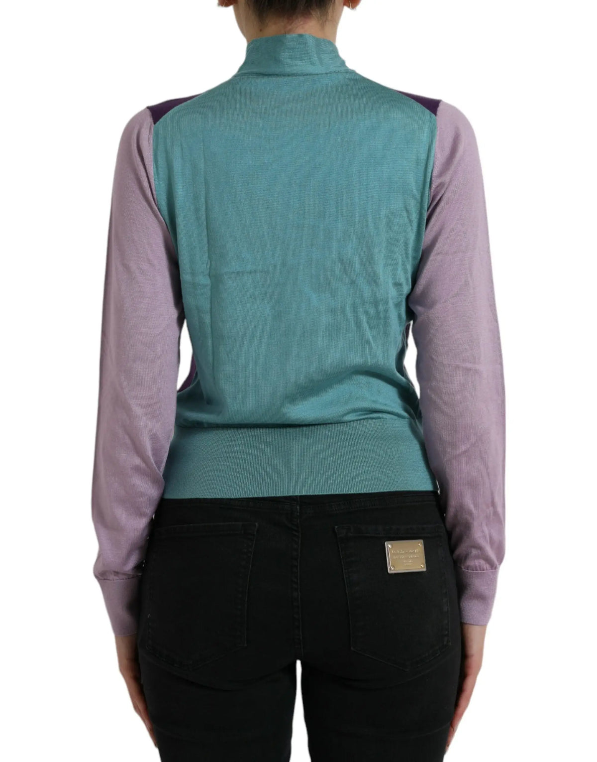 Pull-over dolce & gabbana multicolore avec fermeture nœud et gilet tricot coloré teal et lavande à col montant