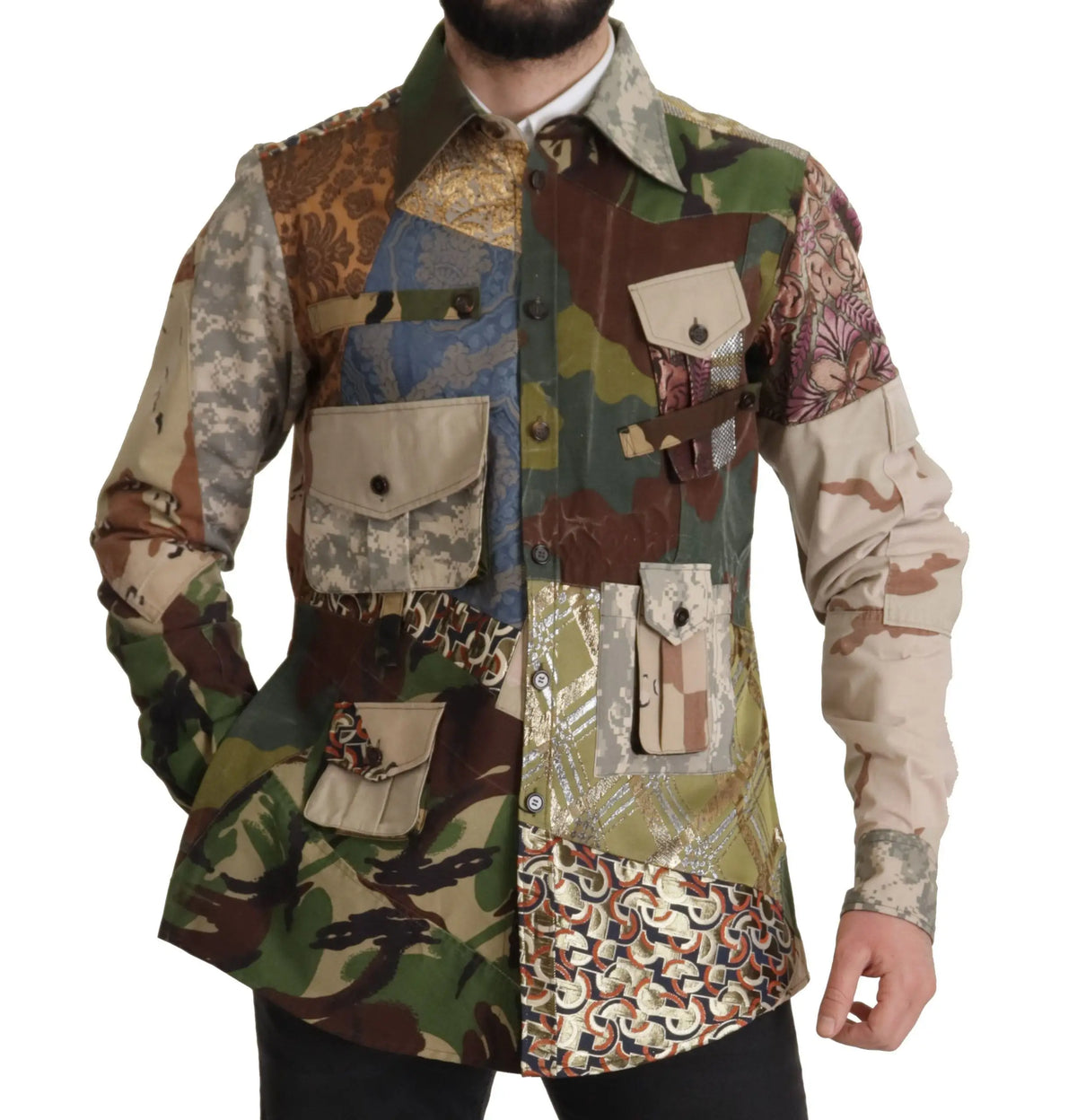 Dolce & gabbana chemise patchwork multicolore pour homme avec motif camouflage, floral et géométrique en tons terreux