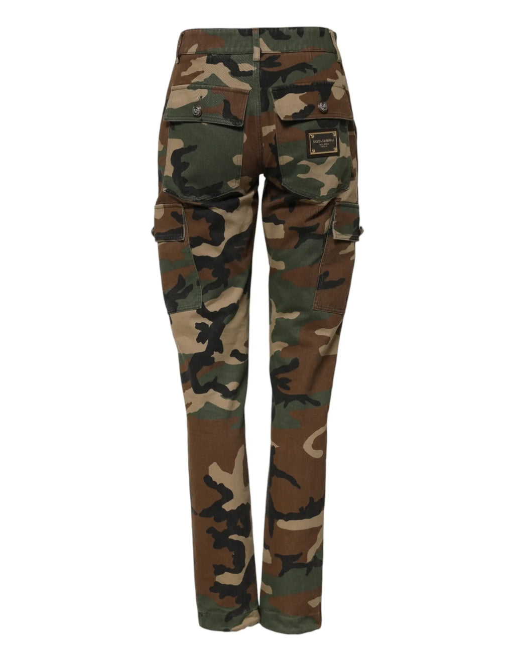 Vue arrière des pantalons cargo multicolores camouflage dolce & gabbana avec poches multiples et patch de marque