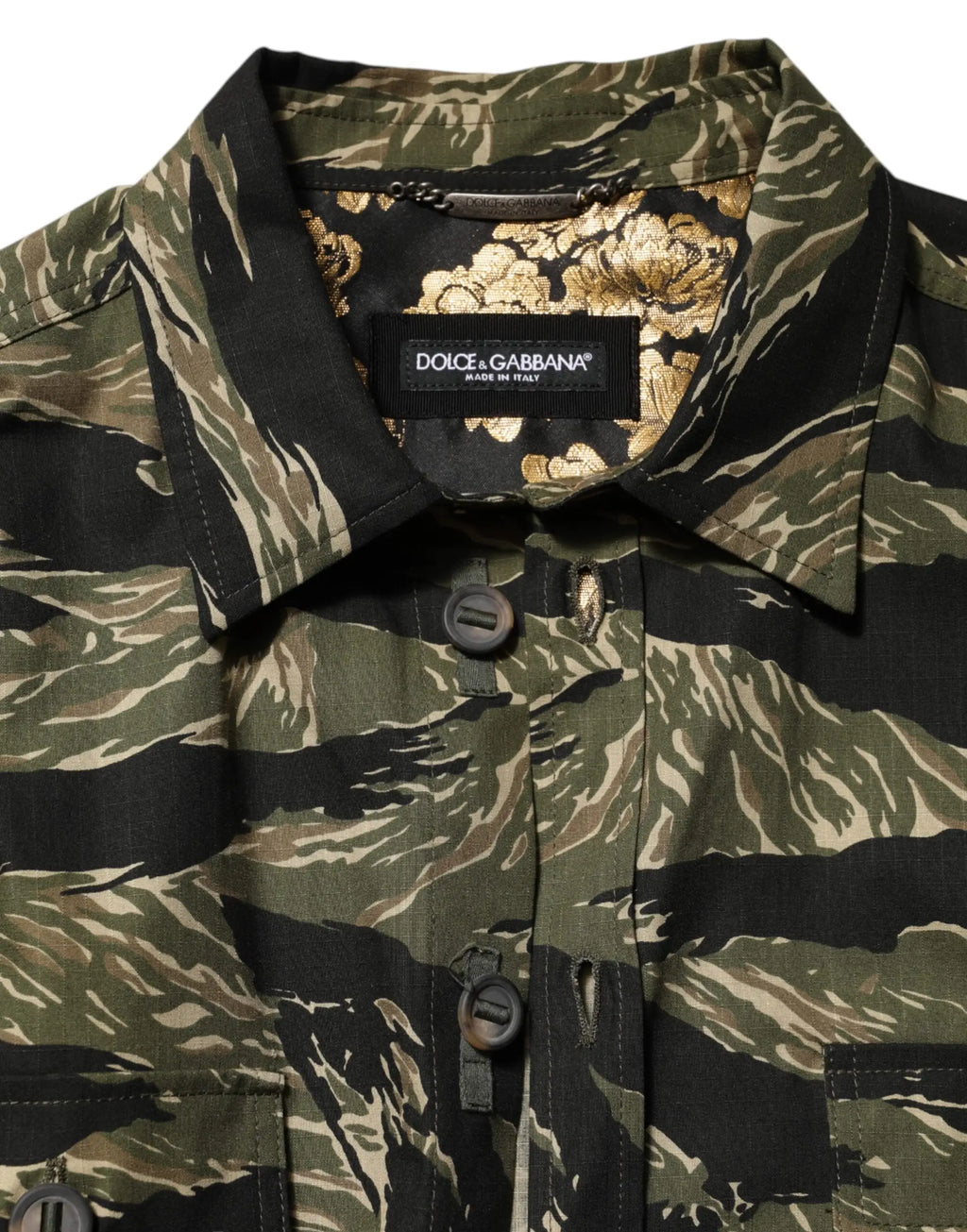Dolce & gabbana chemise camouflage multicolore en coton avec broderie florale dorée sur le col intérieur
