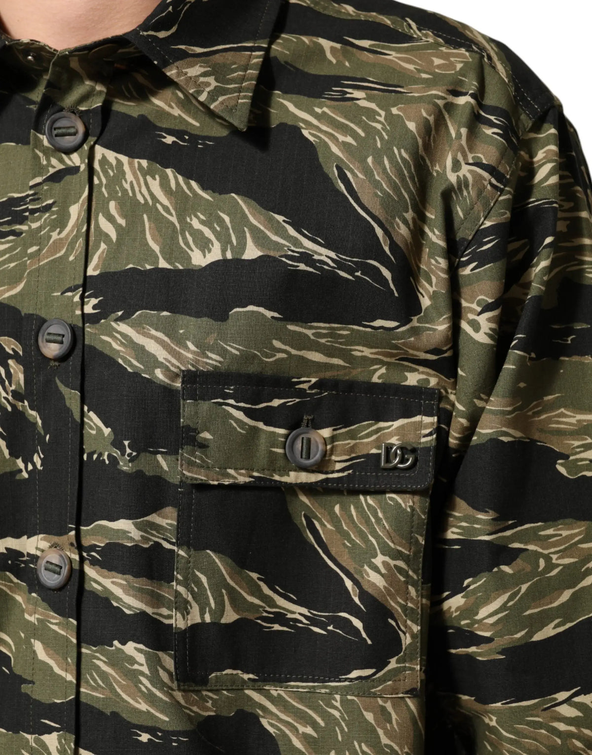Chemise homme dolce et gabbana en coton multicolore avec motif camouflage rayures tigre vert olive noir et beige