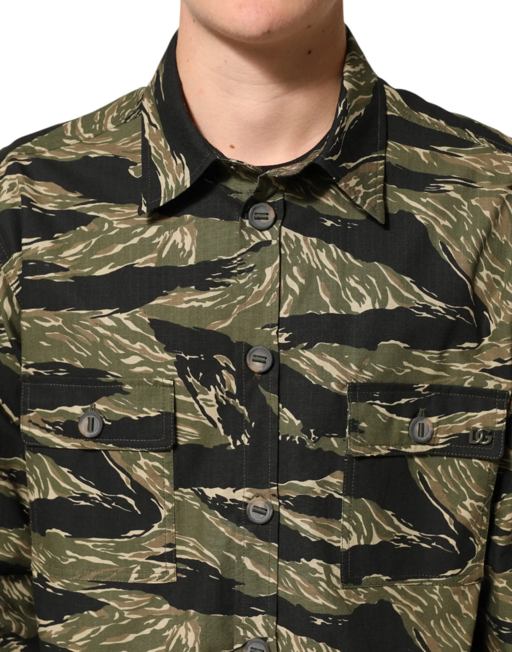 Chemise décontractée en coton camouflage rayures tigre multicolore dolce gabbana avec col et poche noirs