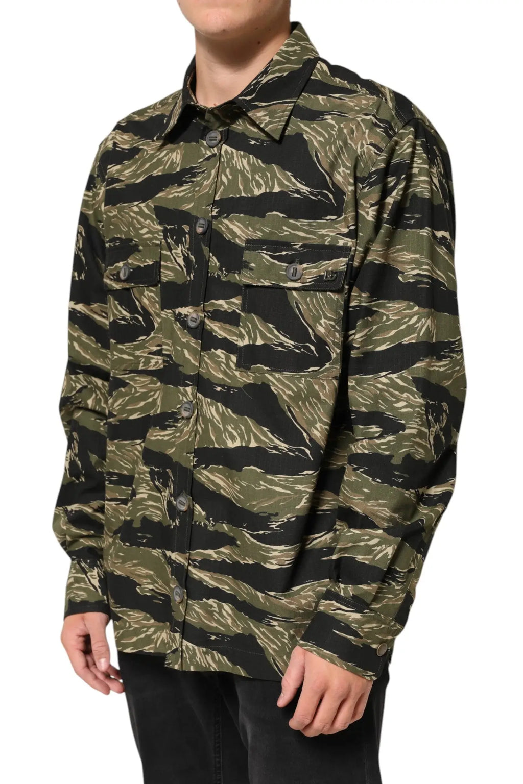 Chemise décontractée dolce & gabbana en coton multicolore camouflage olive et rayures tigre noires manches longues