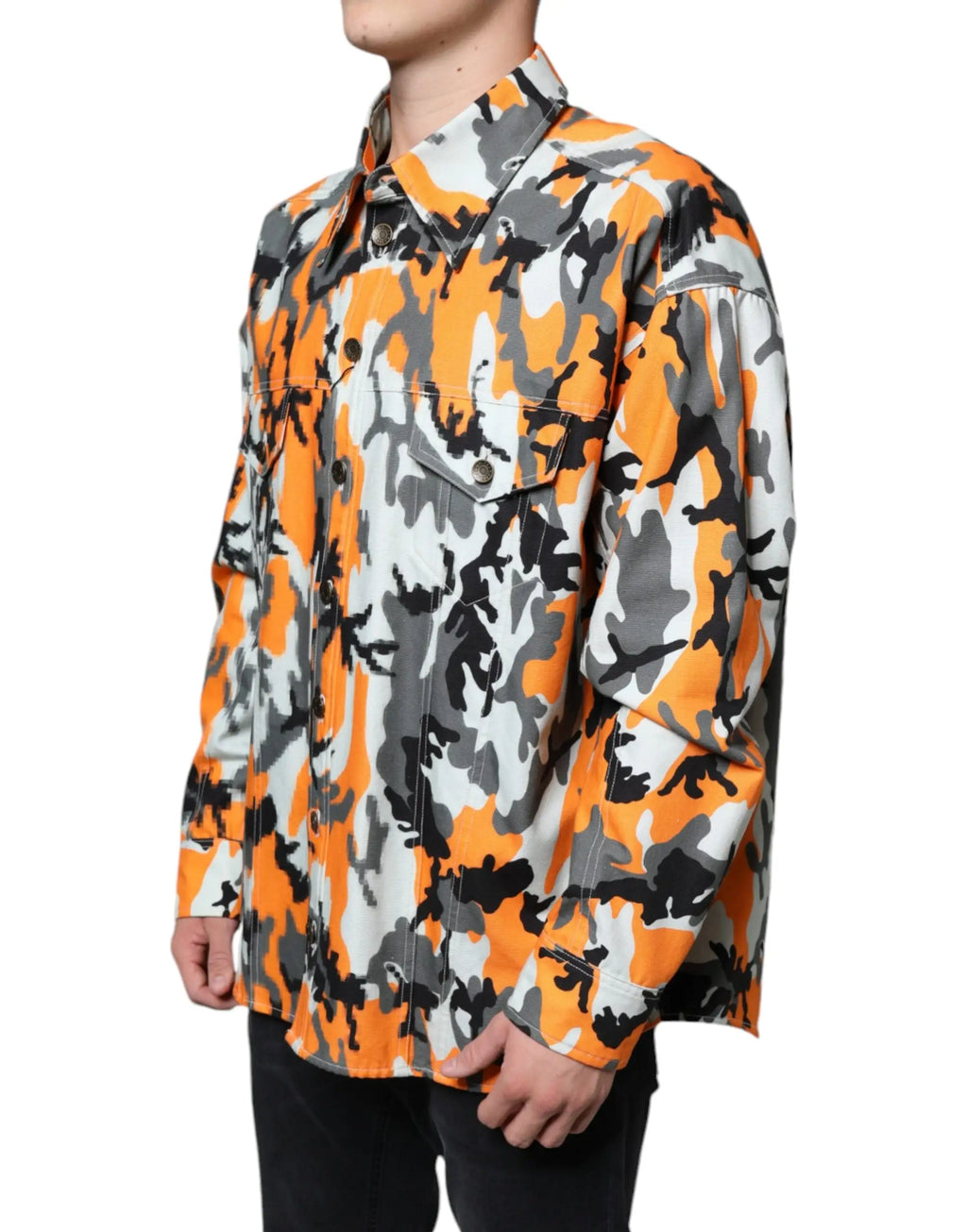 Veste en denim dolce & gabbana multicolore camouflage orange gris noir avec col classique et boutons fermeture