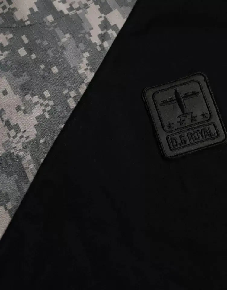 Veste tactique noire avec patch camouflage gris numérique et broderie d.c sur t-shirt multicolore coton dolce & gabbana