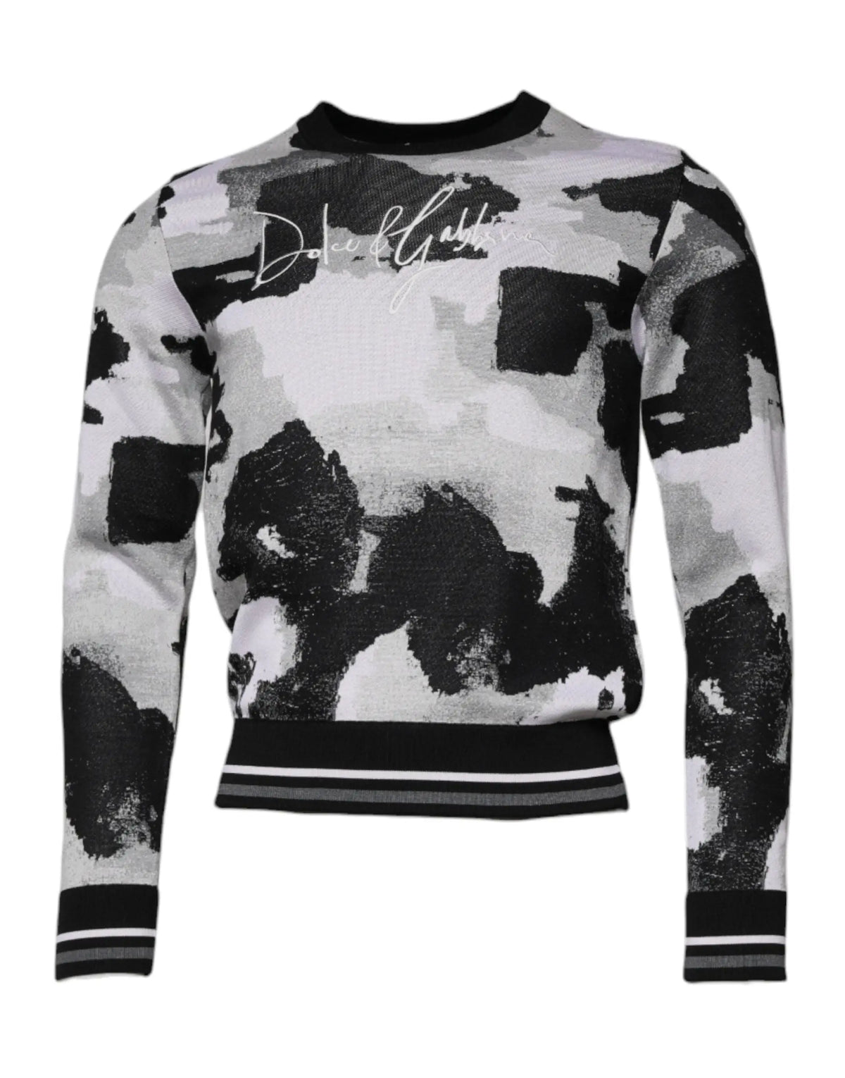 Pull en maille dolce & gabbana pour homme à col rond avec motif camouflage noir et blanc et poignets rayés côtelés