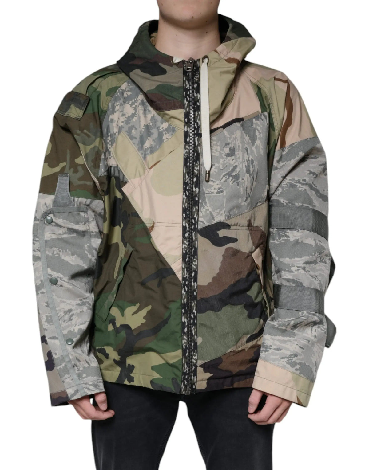 Veste à capuche Dolce & Gabbana multicolore camouflage patchwork avec motifs boisés numériques et traditionnels verts marron et gris