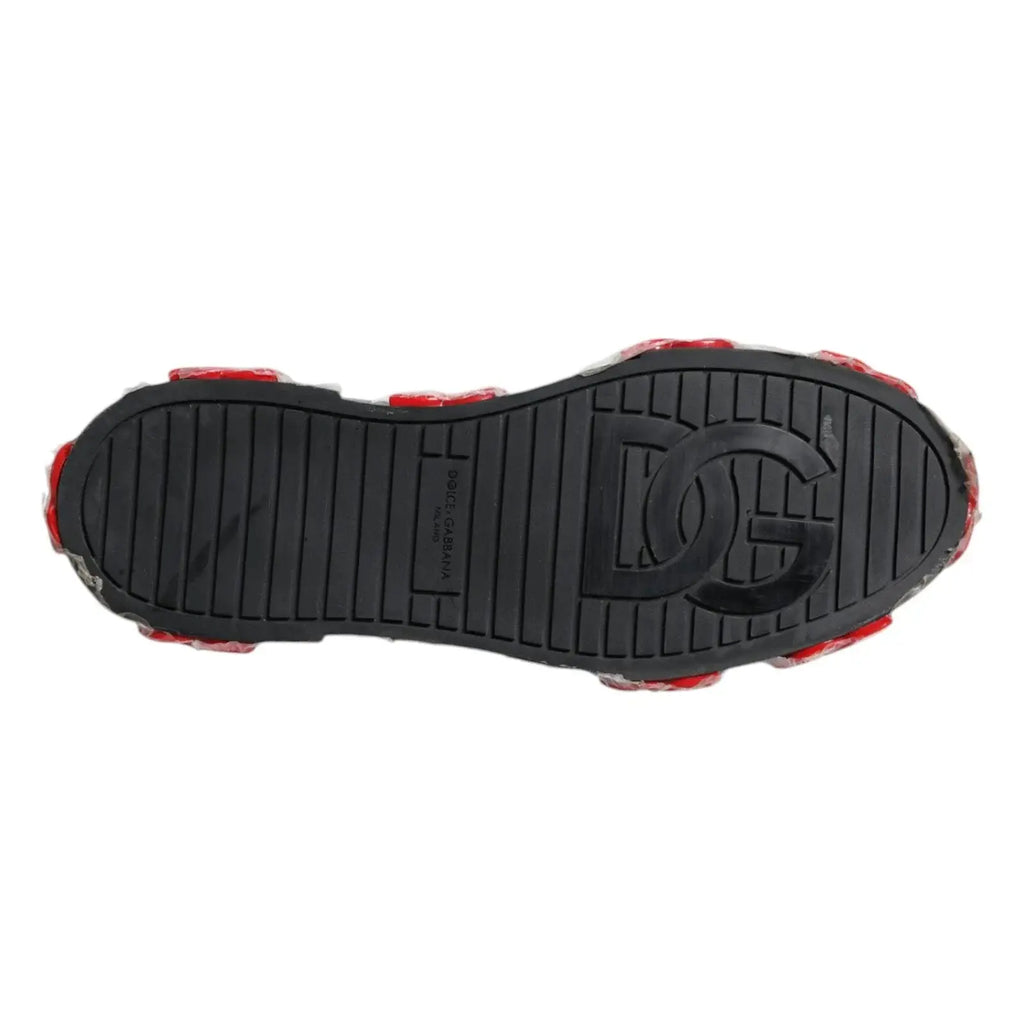 Semelle noire en caoutchouc avec accents rouges translucides et logo dg embossé au talon des baskets dolce & gabbana multicolore camouflage montantes vues de dos