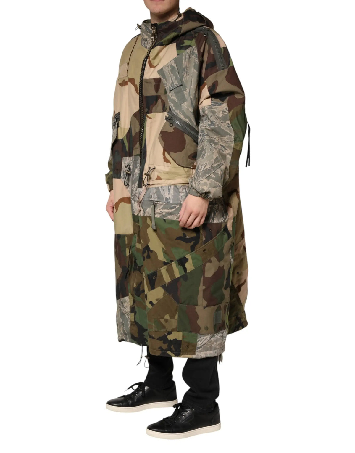 Dolce & gabbana multicolor manteau de pluie camouflage patchwork long avec capuche et poches multiples