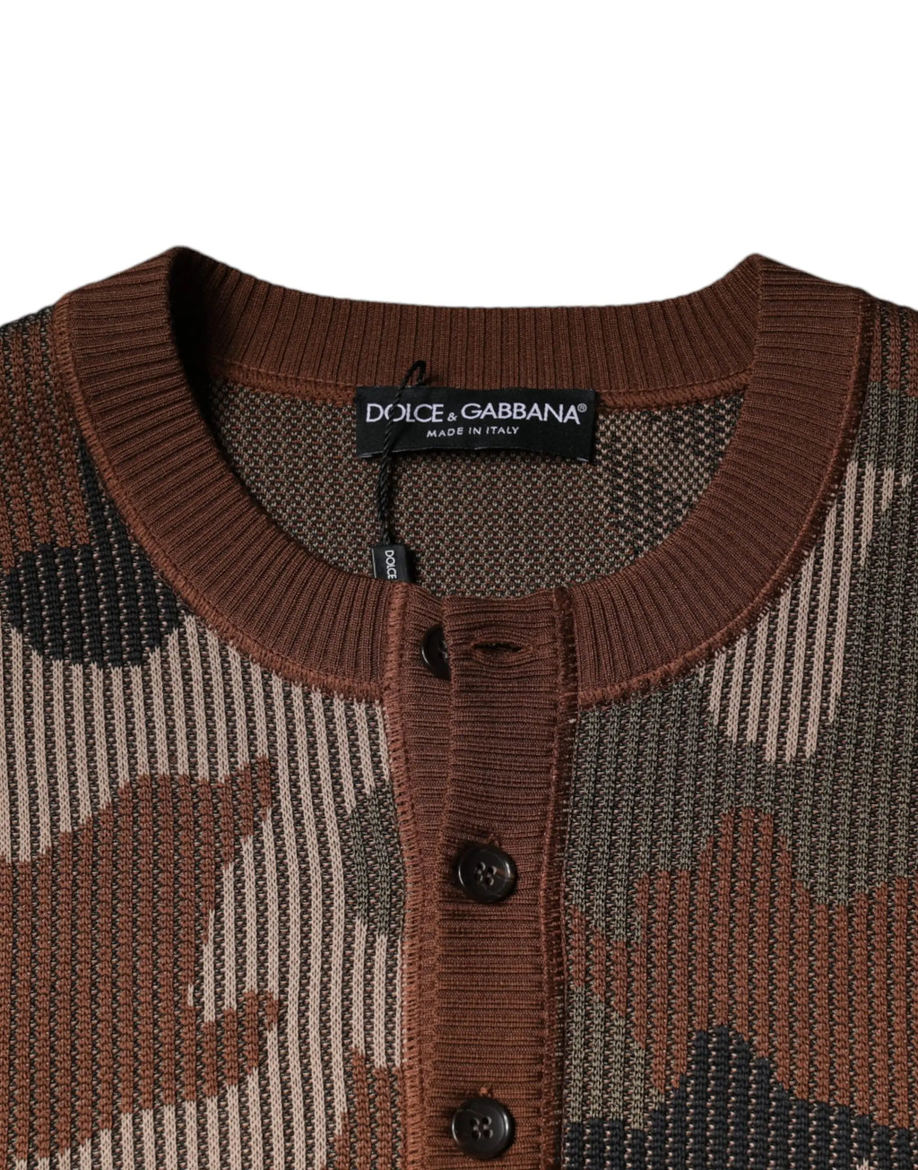 Cardigan dolce & gabbana pour homme en camouflage marron et beige avec col côtelé et boutons sur le devant