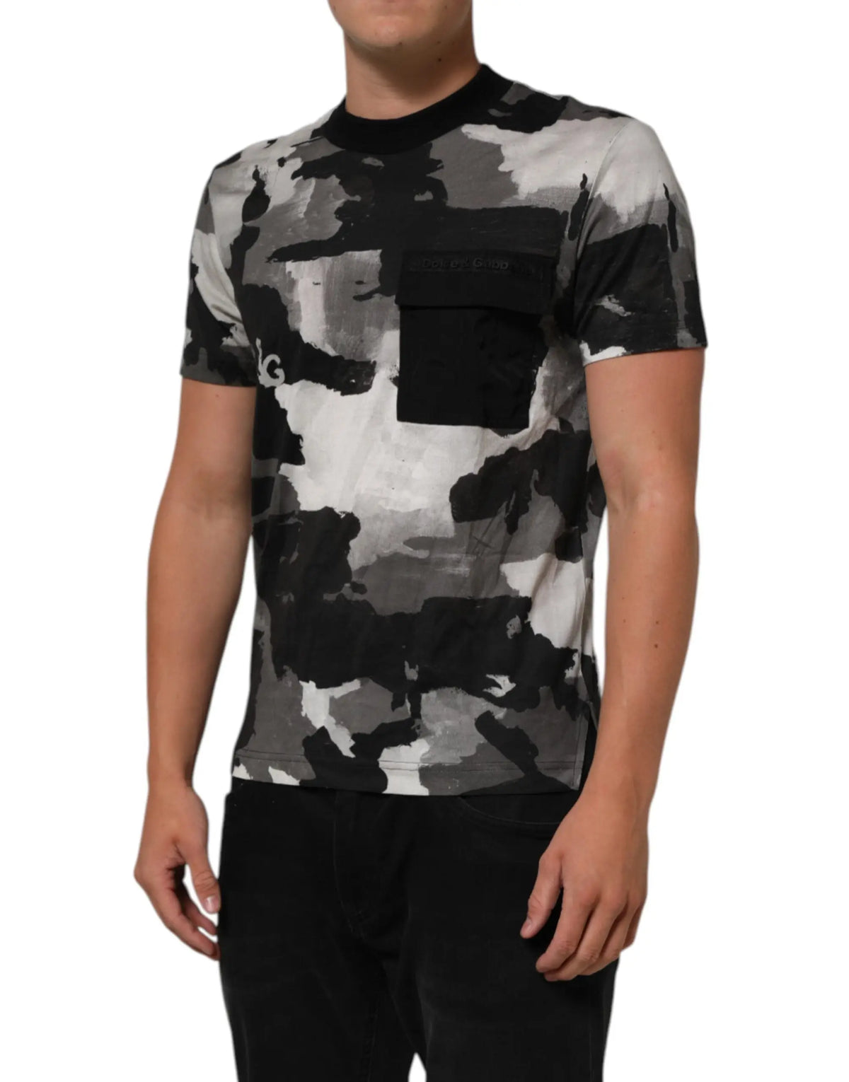Dolce & gabbana t-shirt homme manches courtes camouflage noir et gris avec poche poitrine noire