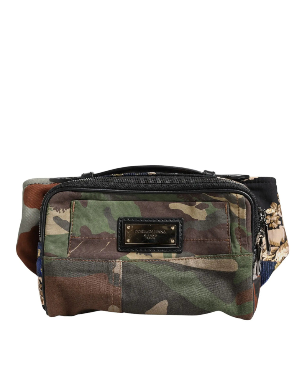 Sac banane dolce & gabbana camouflage multicolore avec design patchwork et garniture en cuir noir