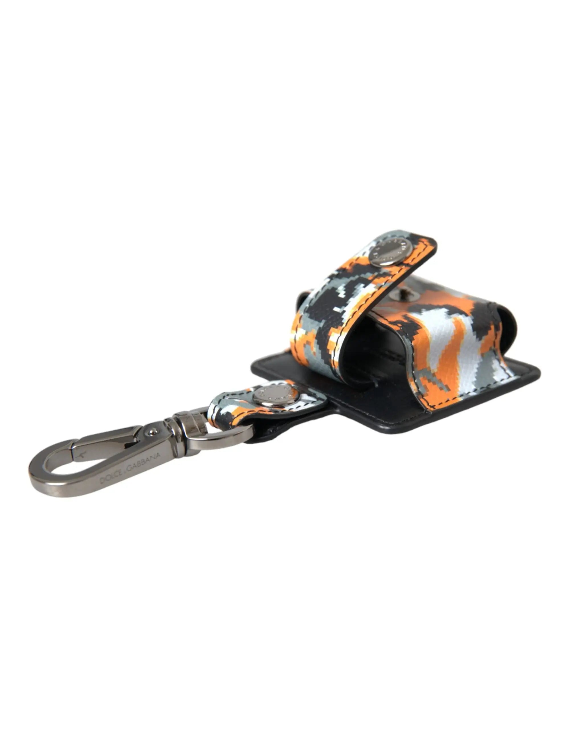 Étui airpods en cuir dolce & gabbana camouflage orange gris noir avec fermeture métallique argentée