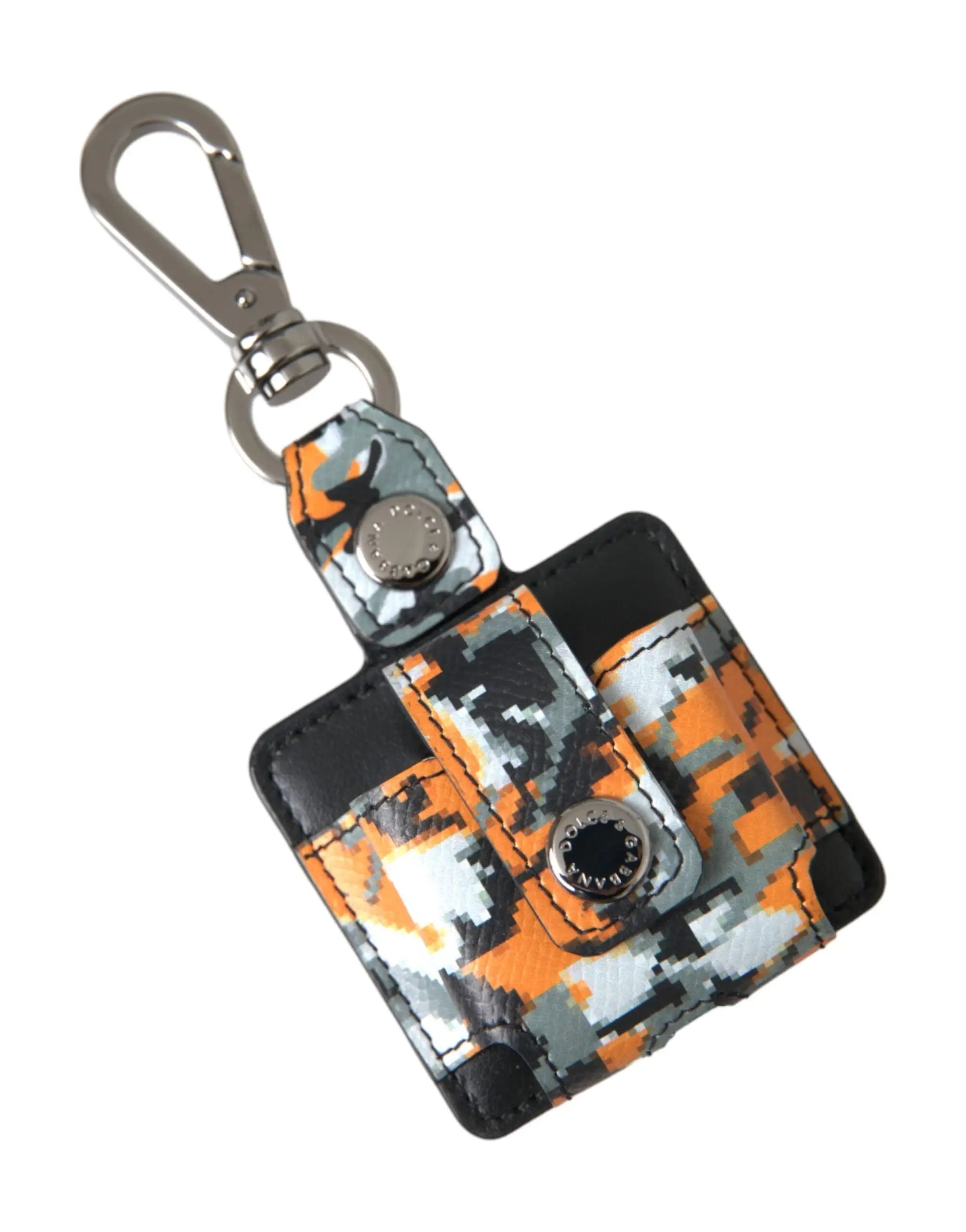 Dolce & gabbana étui airpods en cuir multicolore avec motif camouflage orange gris blanc et garniture en cuir noir