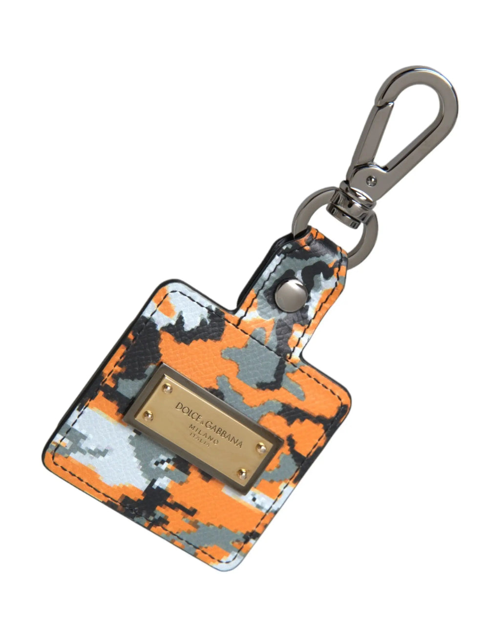 Pochette airpods en cuir à imprimé camouflage multicolore orange gris blanc avec plaque en métal doré dolce & gabbana